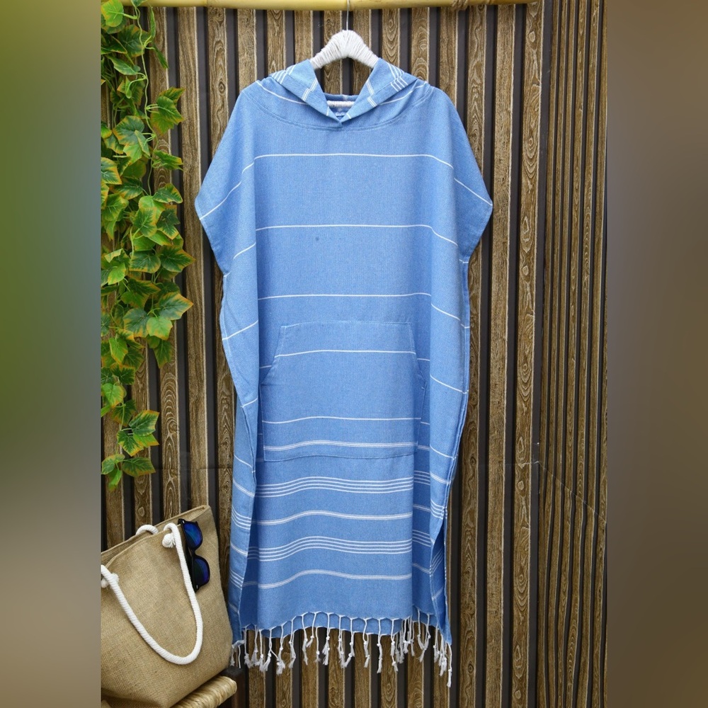 Blue Striped Hooded Poncho with Fringe Like New